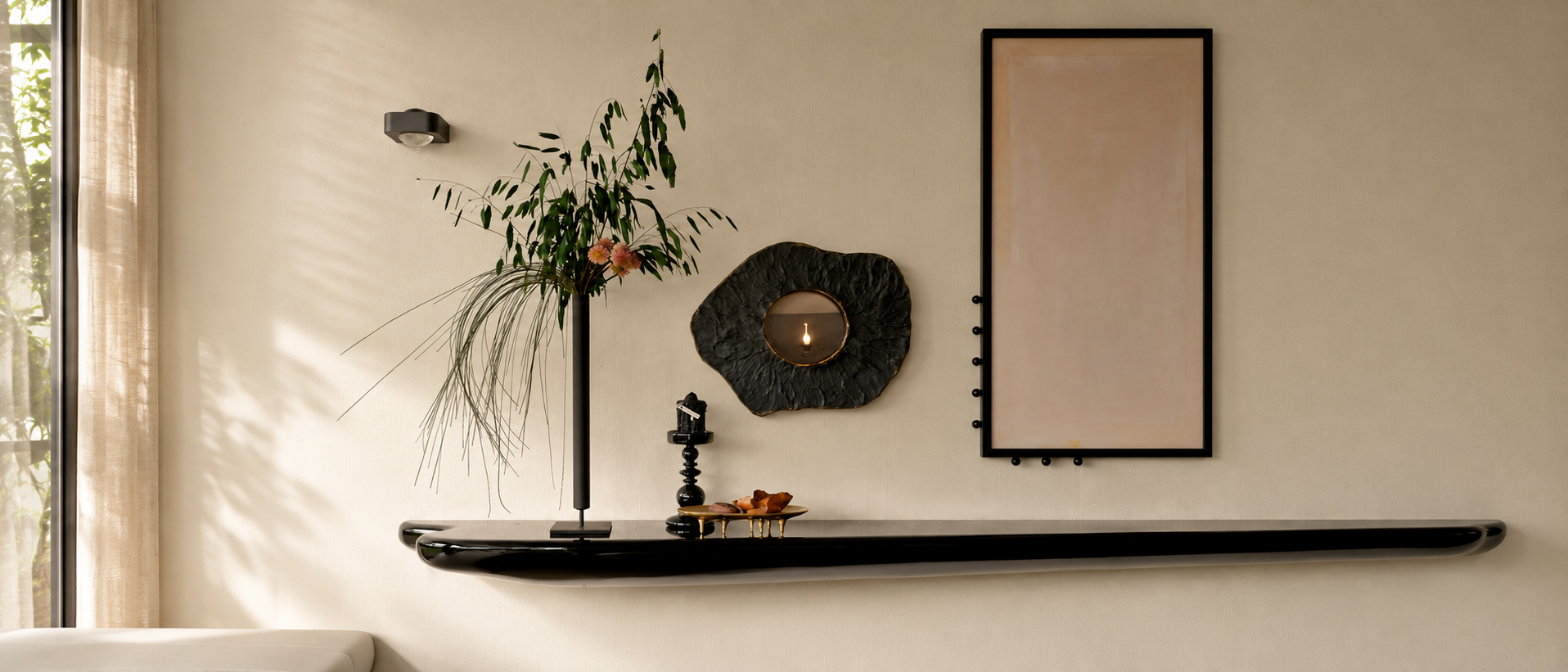 Curated decor arranged on a tabletop